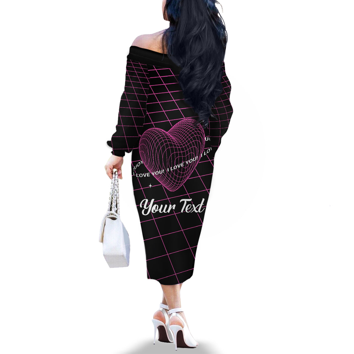 All You Need is Love Valentine Day Family Matching Off Shoulder Long Sleeve Dress and Hawaiian Shirt Geometry Wireframe Style - Wonder Print Shop
