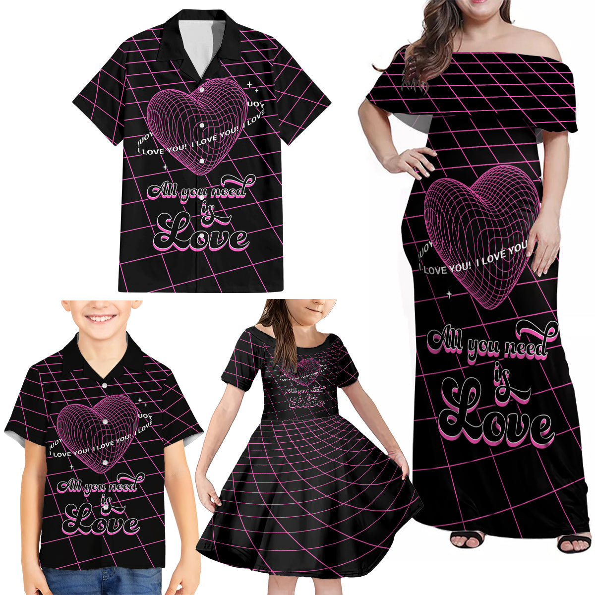 All You Need is Love Valentine Day Family Matching Off Shoulder Maxi Dress and Hawaiian Shirt Geometry Wireframe Style - Wonder Print Shop