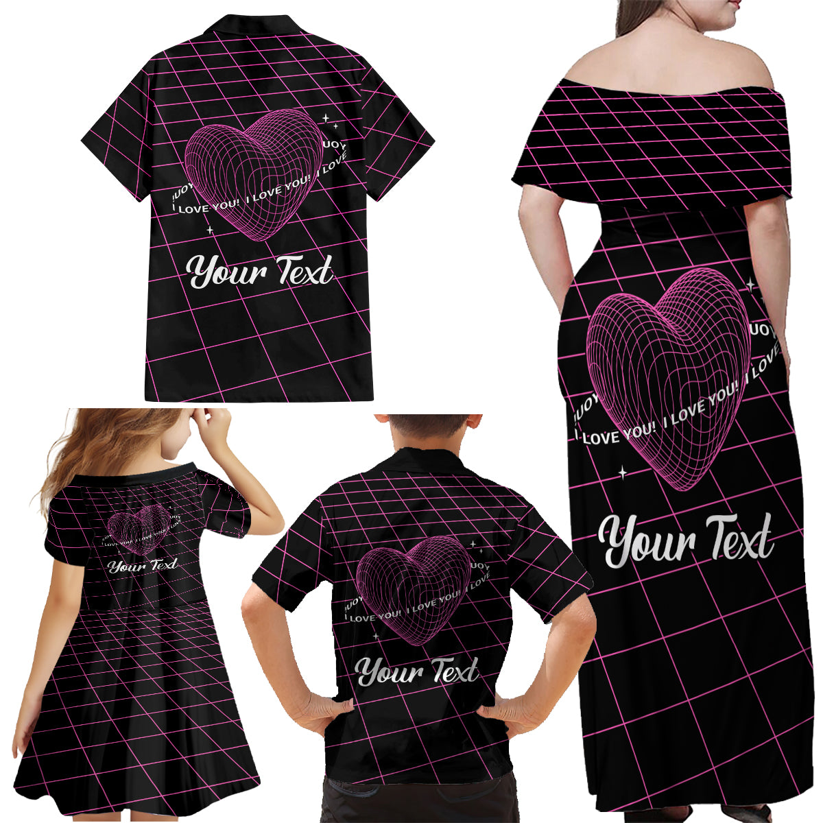 All You Need is Love Valentine Day Family Matching Off Shoulder Maxi Dress and Hawaiian Shirt Geometry Wireframe Style - Wonder Print Shop