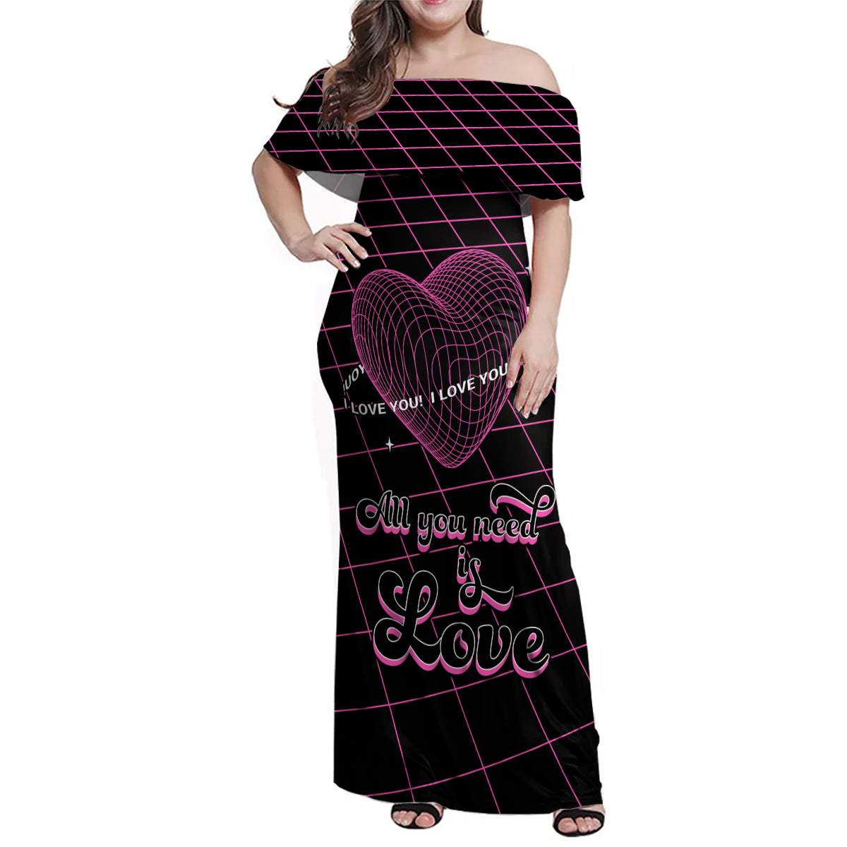 All You Need is Love Valentine Day Family Matching Off Shoulder Maxi Dress and Hawaiian Shirt Geometry Wireframe Style - Wonder Print Shop