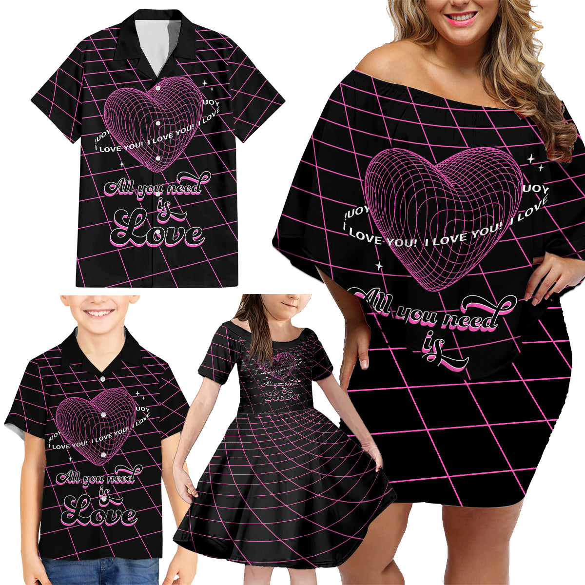 All You Need is Love Valentine Day Family Matching Off Shoulder Short Dress and Hawaiian Shirt Geometry Wireframe Style - Wonder Print Shop