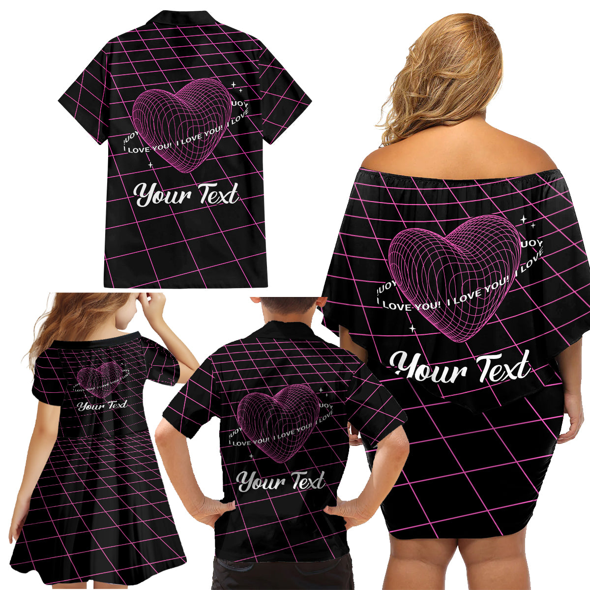 All You Need is Love Valentine Day Family Matching Off Shoulder Short Dress and Hawaiian Shirt Geometry Wireframe Style - Wonder Print Shop