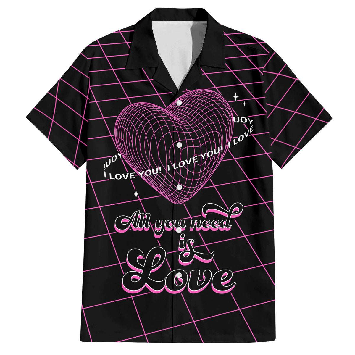 All You Need is Love Valentine Day Family Matching Off Shoulder Short Dress and Hawaiian Shirt Geometry Wireframe Style - Wonder Print Shop