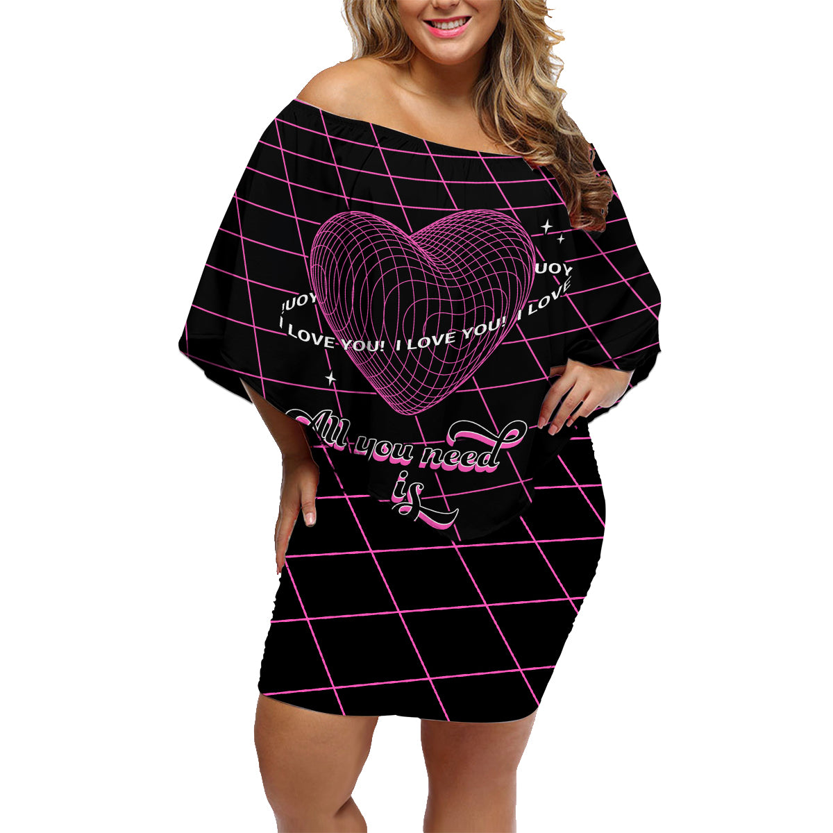 All You Need is Love Valentine Day Family Matching Off Shoulder Short Dress and Hawaiian Shirt Geometry Wireframe Style - Wonder Print Shop