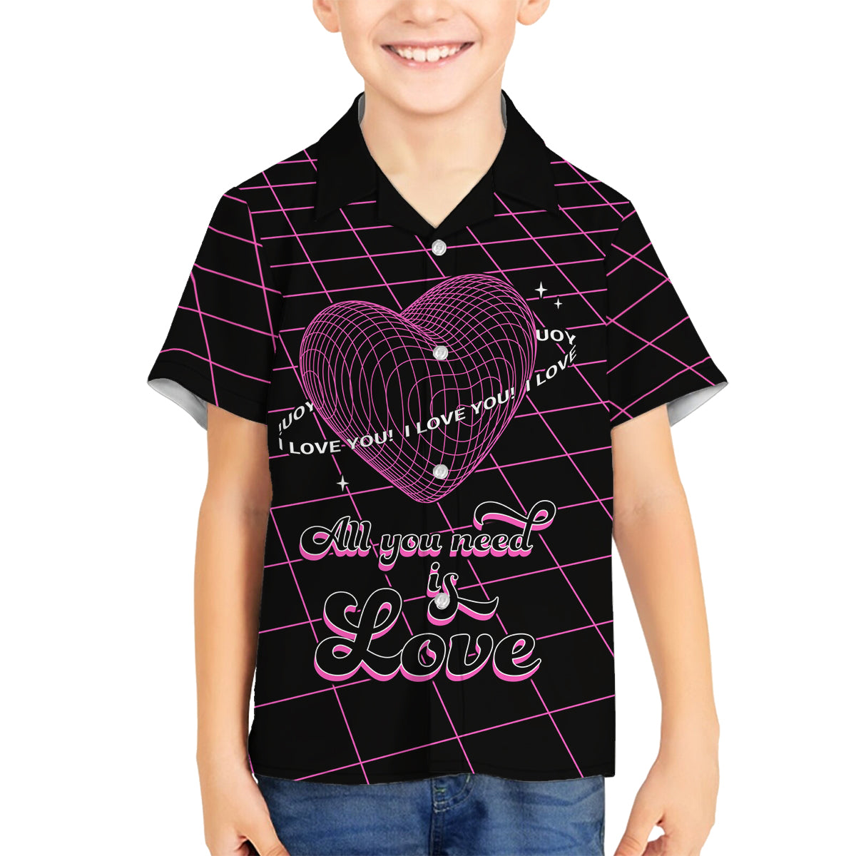 All You Need is Love Valentine Day Family Matching Off Shoulder Short Dress and Hawaiian Shirt Geometry Wireframe Style - Wonder Print Shop