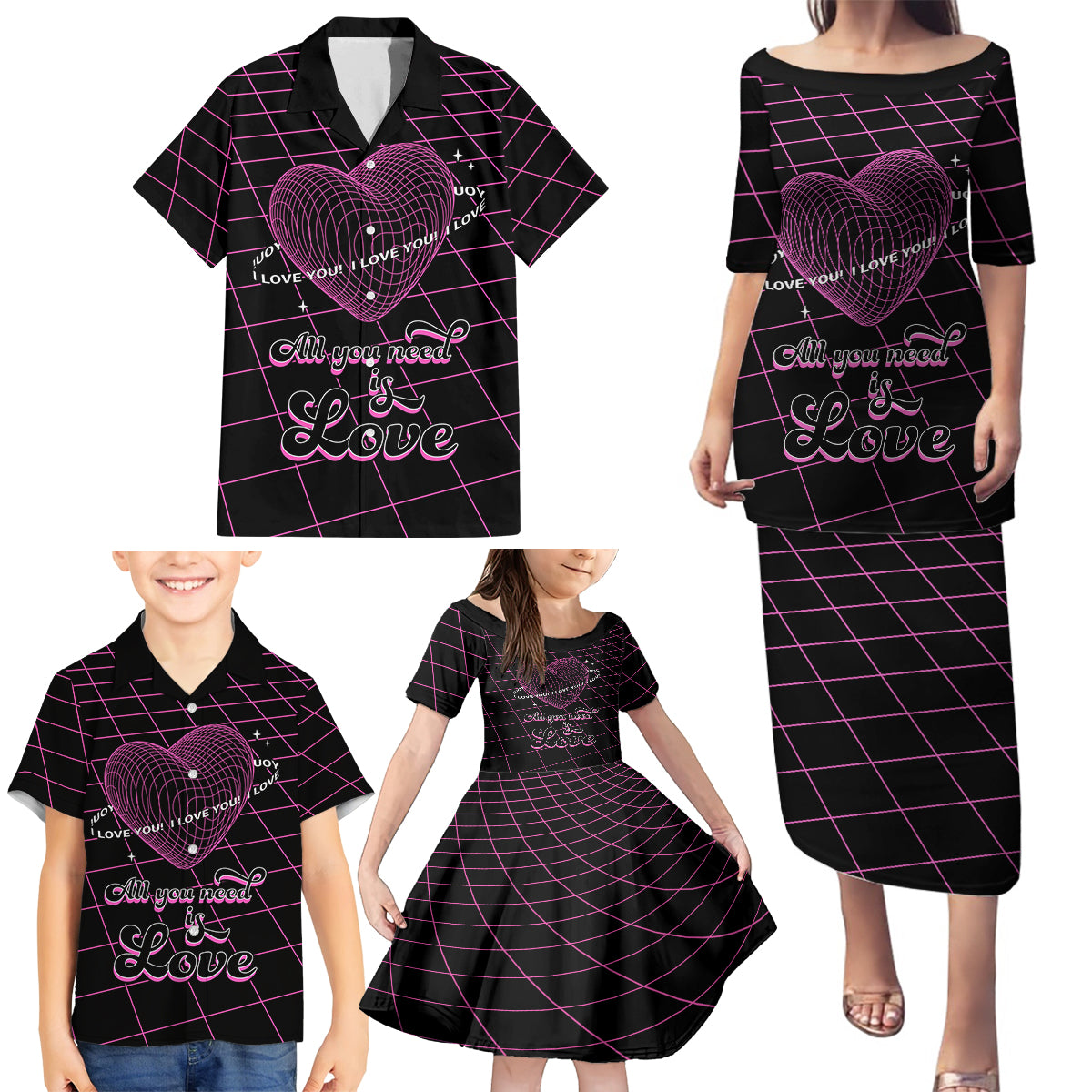 All You Need is Love Valentine Day Family Matching Puletasi and Hawaiian Shirt Geometry Wireframe Style - Wonder Print Shop