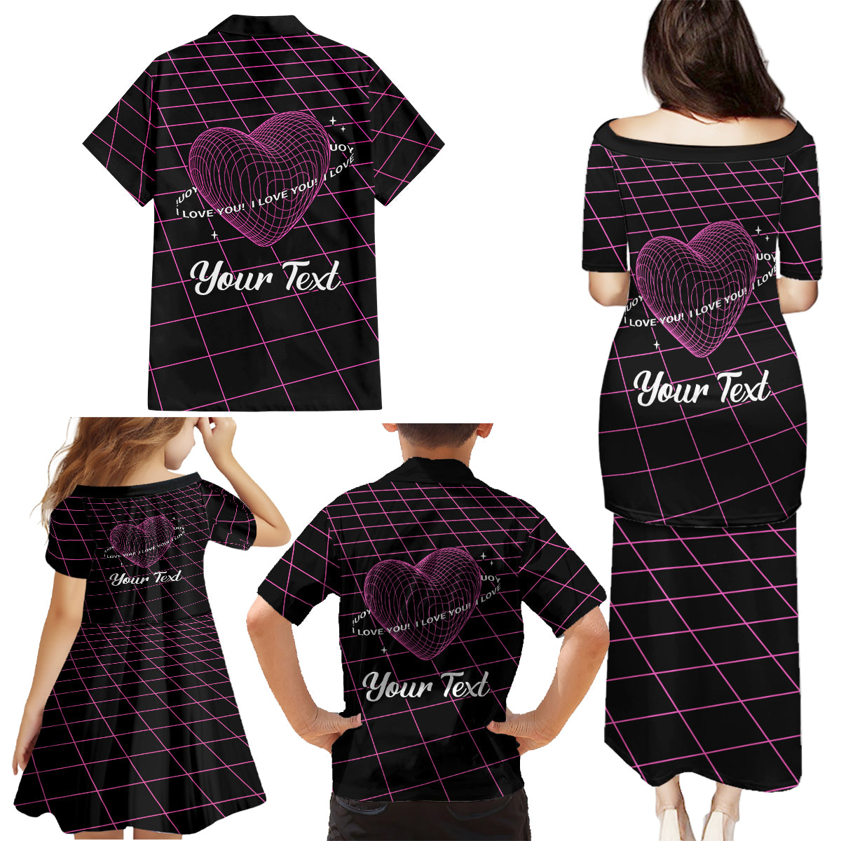 All You Need is Love Valentine Day Family Matching Puletasi and Hawaiian Shirt Geometry Wireframe Style - Wonder Print Shop