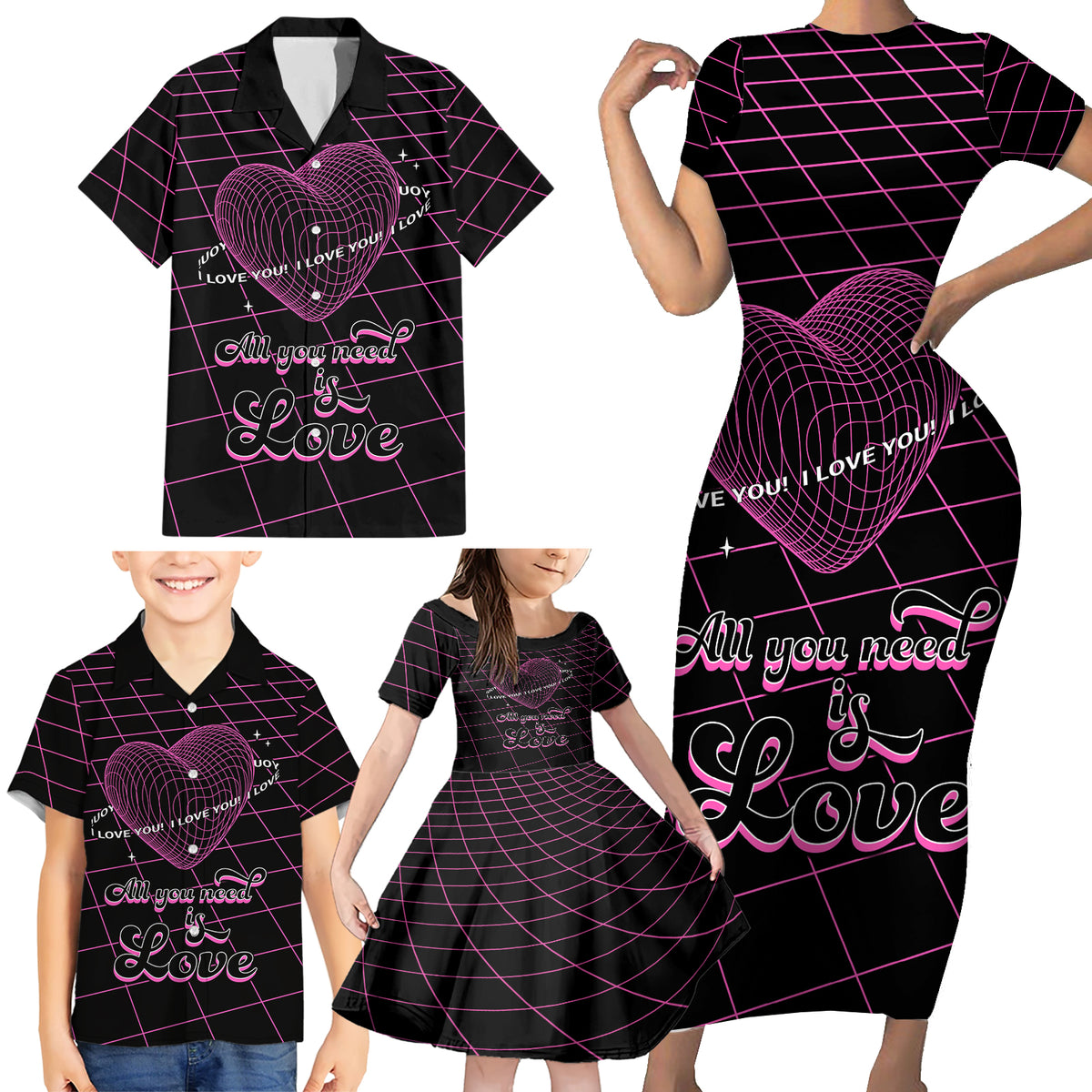 All You Need is Love Valentine Day Family Matching Short Sleeve Bodycon Dress and Hawaiian Shirt Geometry Wireframe Style - Wonder Print Shop