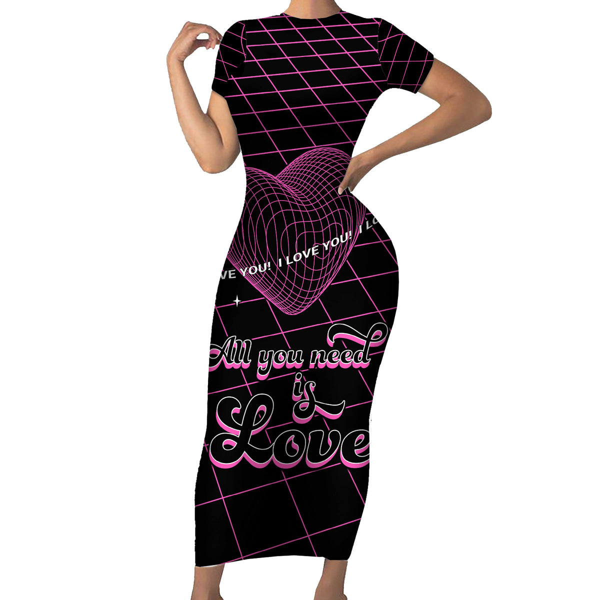 All You Need is Love Valentine Day Family Matching Short Sleeve Bodycon Dress and Hawaiian Shirt Geometry Wireframe Style - Wonder Print Shop