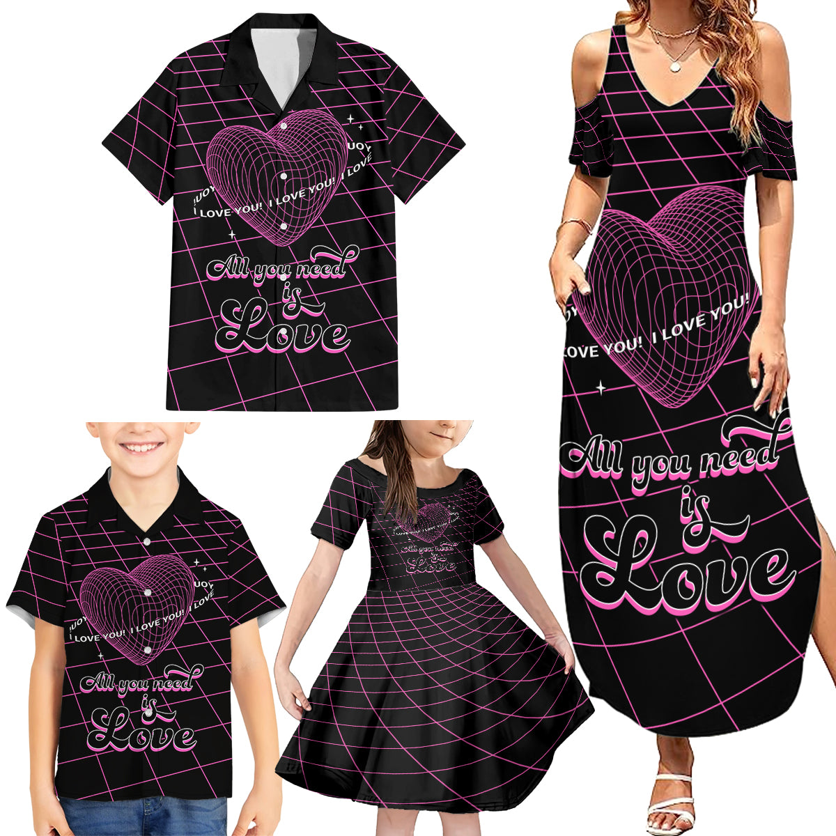 All You Need is Love Valentine Day Family Matching Summer Maxi Dress and Hawaiian Shirt Geometry Wireframe Style - Wonder Print Shop