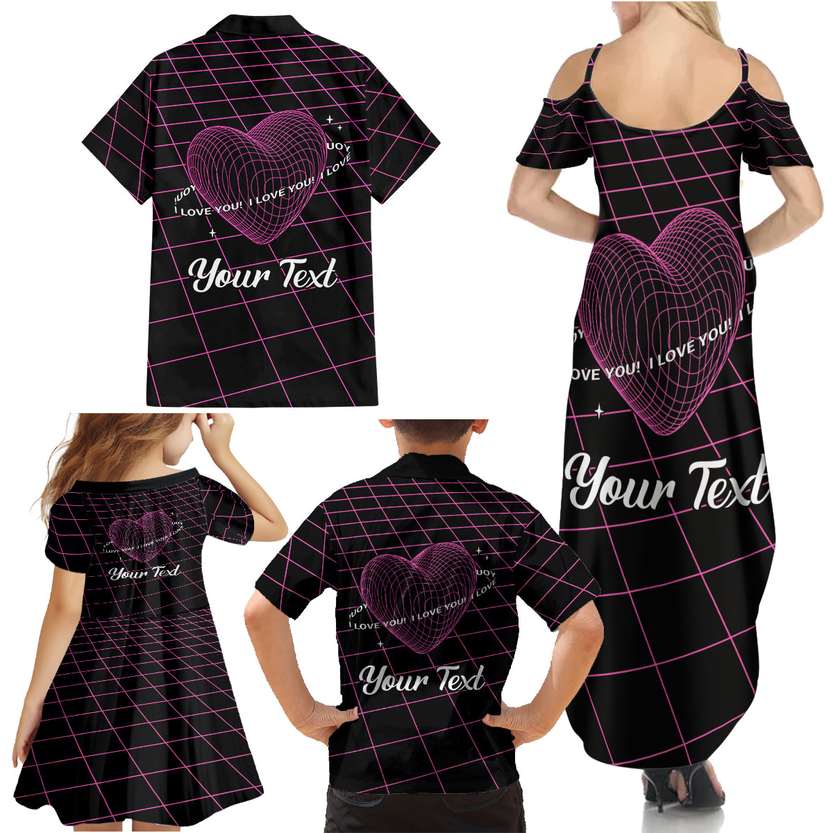 All You Need is Love Valentine Day Family Matching Summer Maxi Dress and Hawaiian Shirt Geometry Wireframe Style - Wonder Print Shop