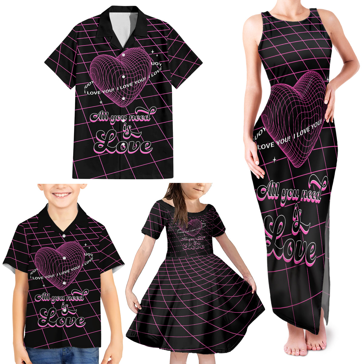 All You Need is Love Valentine Day Family Matching Tank Maxi Dress and Hawaiian Shirt Geometry Wireframe Style - Wonder Print Shop