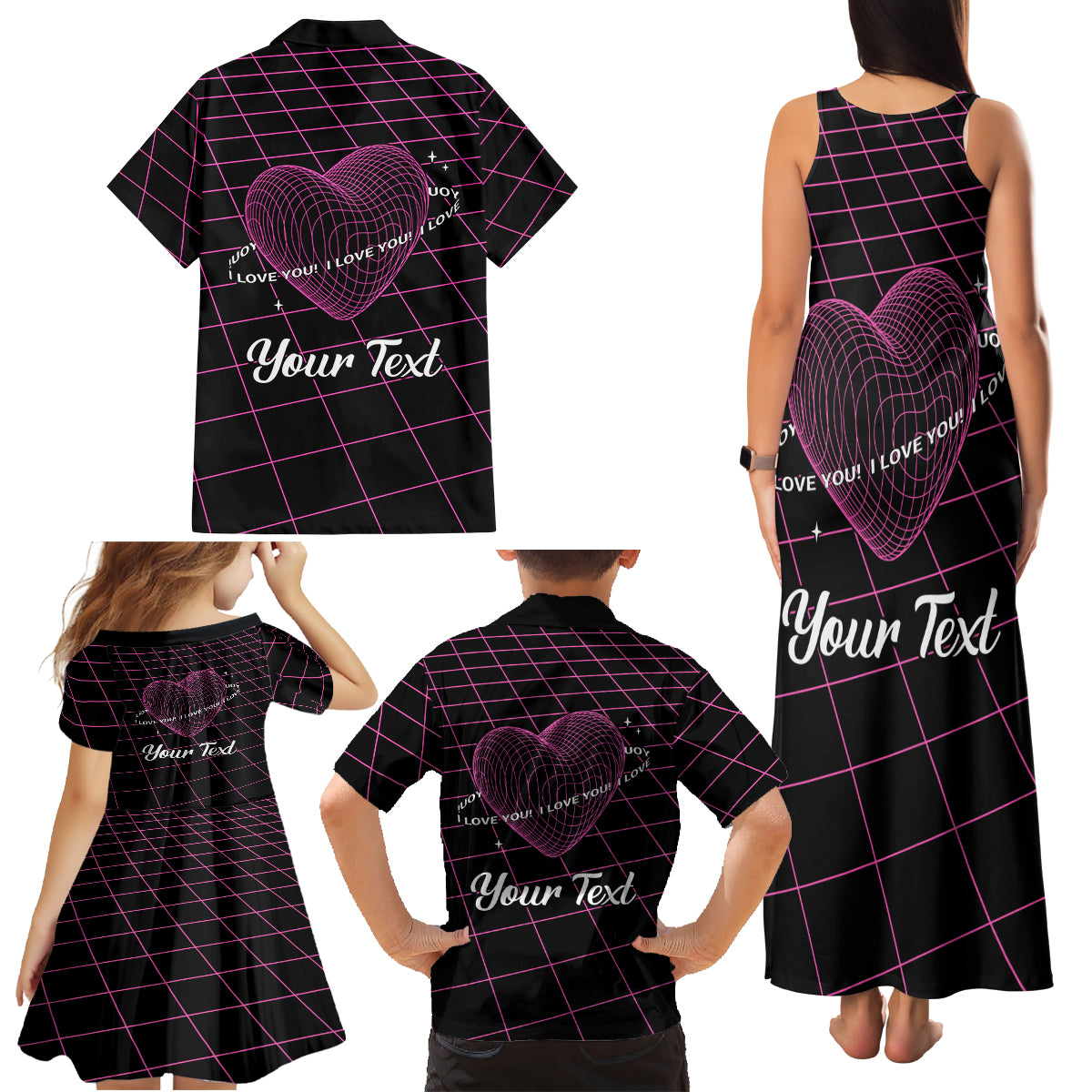 All You Need is Love Valentine Day Family Matching Tank Maxi Dress and Hawaiian Shirt Geometry Wireframe Style - Wonder Print Shop