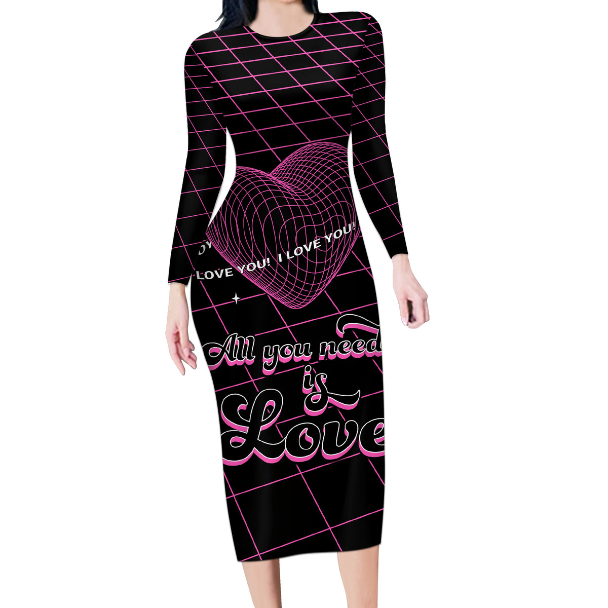 All You Need is Love Valentine Day Long Sleeve Bodycon Dress Geometry Wireframe Style - Wonder Print Shop