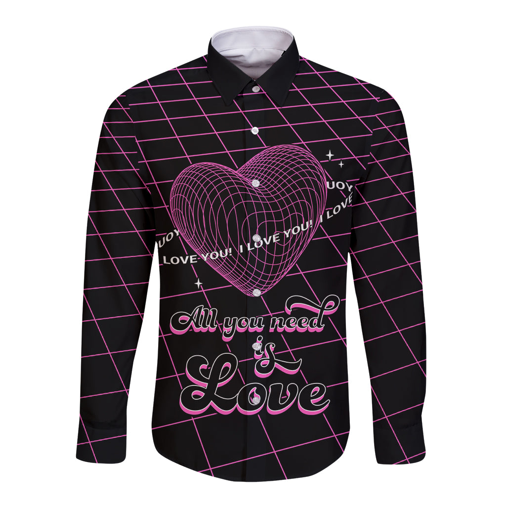 All You Need is Love Valentine Day Long Sleeve Button Shirt Geometry Wireframe Style - Wonder Print Shop