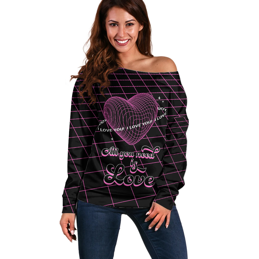 All You Need is Love Valentine Day Off Shoulder Sweater Geometry Wireframe Style - Wonder Print Shop