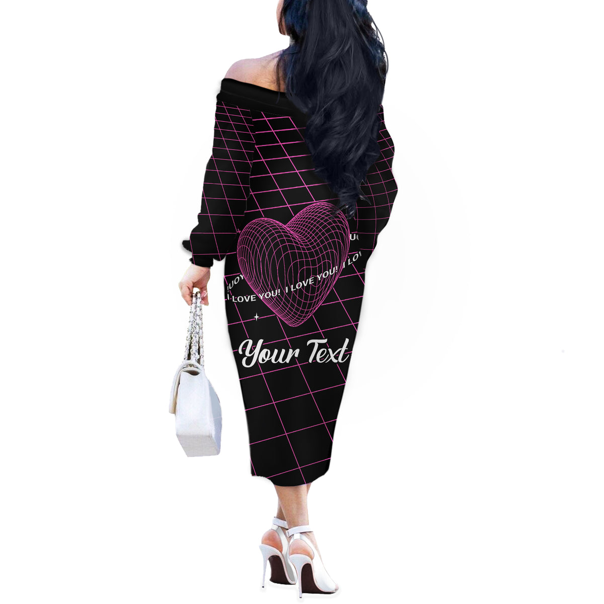 All You Need is Love Valentine Day Off The Shoulder Long Sleeve Dress Geometry Wireframe Style - Wonder Print Shop