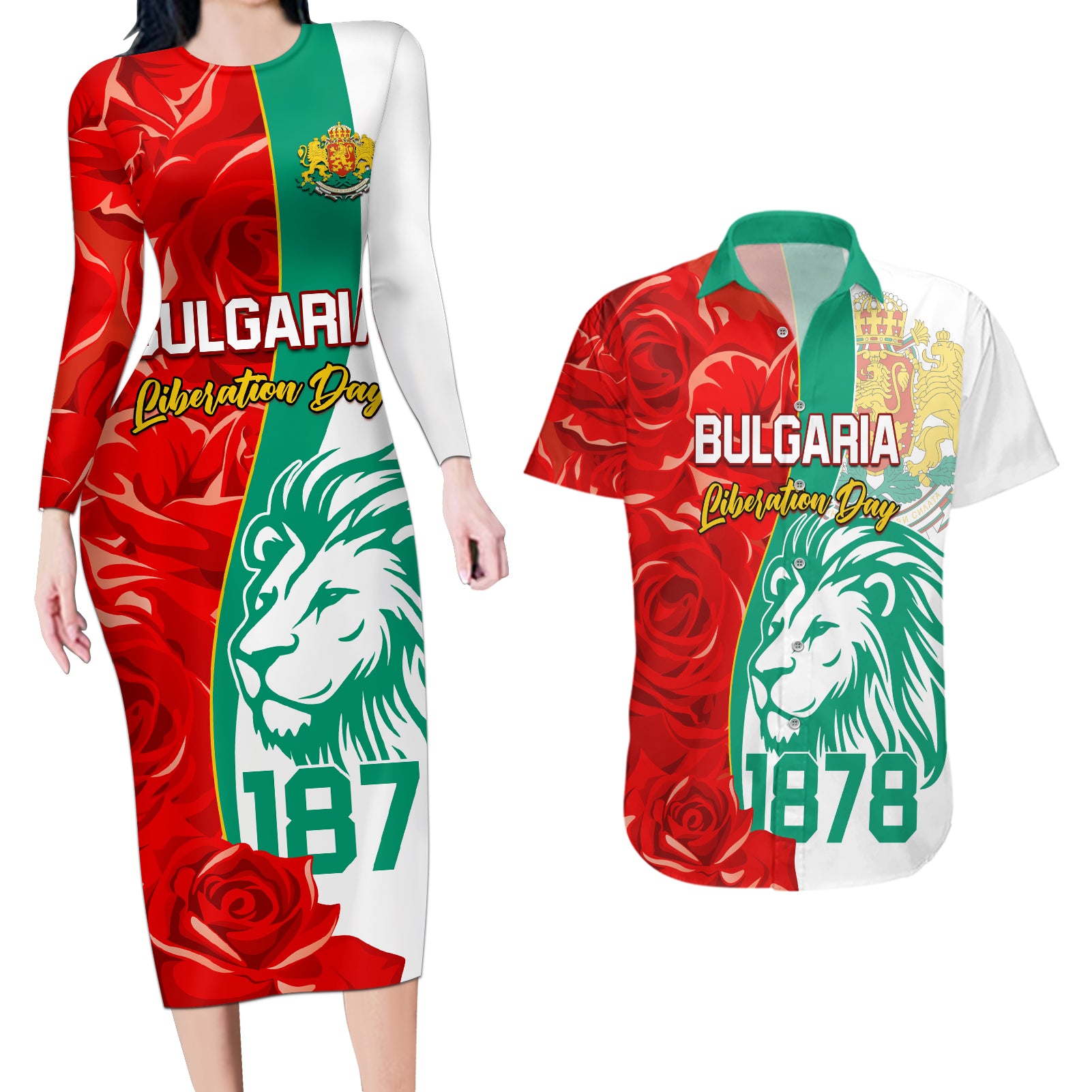 Bulgaria Liberation Day Couples Matching Long Sleeve Bodycon Dress and Hawaiian Shirt Lion With Rose Flag Style