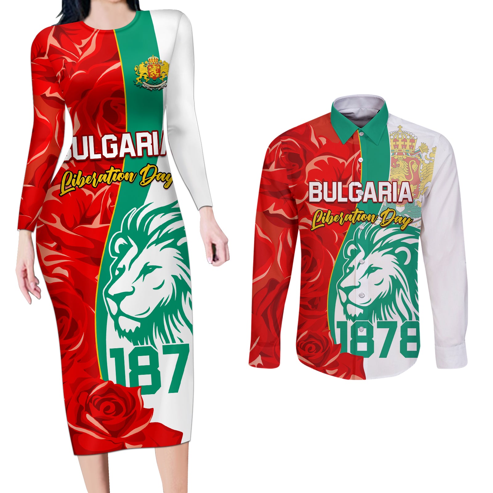 Bulgaria Liberation Day Couples Matching Long Sleeve Bodycon Dress and Long Sleeve Button Shirt Lion With Rose Flag Style