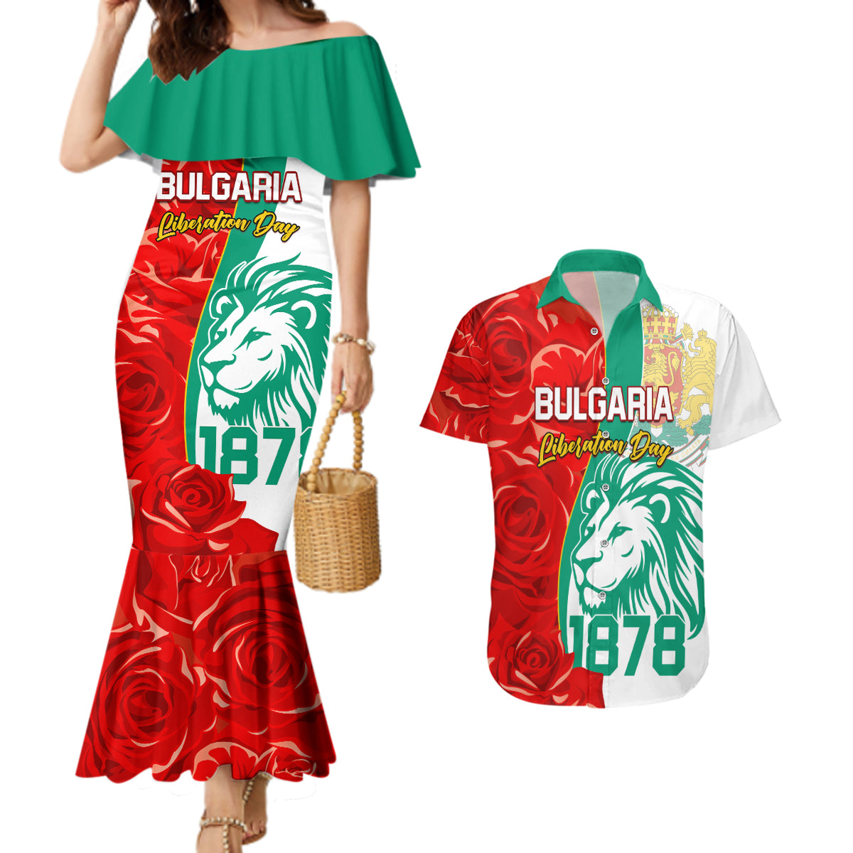 Bulgaria Liberation Day Couples Matching Mermaid Dress and Hawaiian Shirt Lion With Rose Flag Style