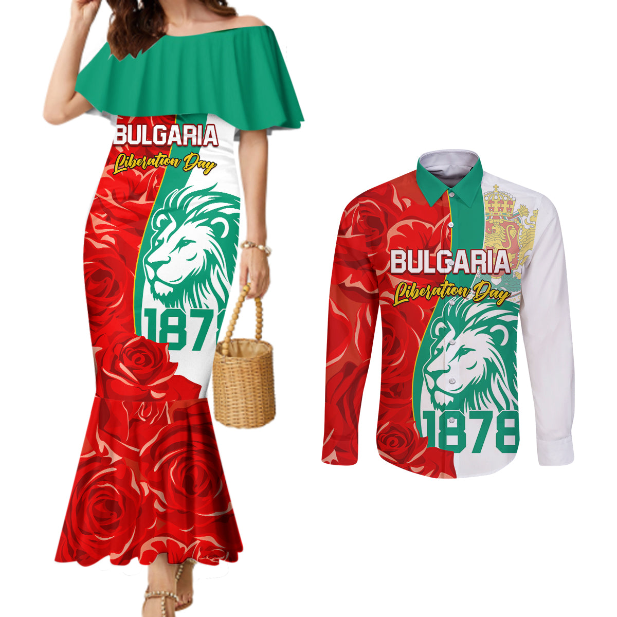 Bulgaria Liberation Day Couples Matching Mermaid Dress and Long Sleeve Button Shirt Lion With Rose Flag Style