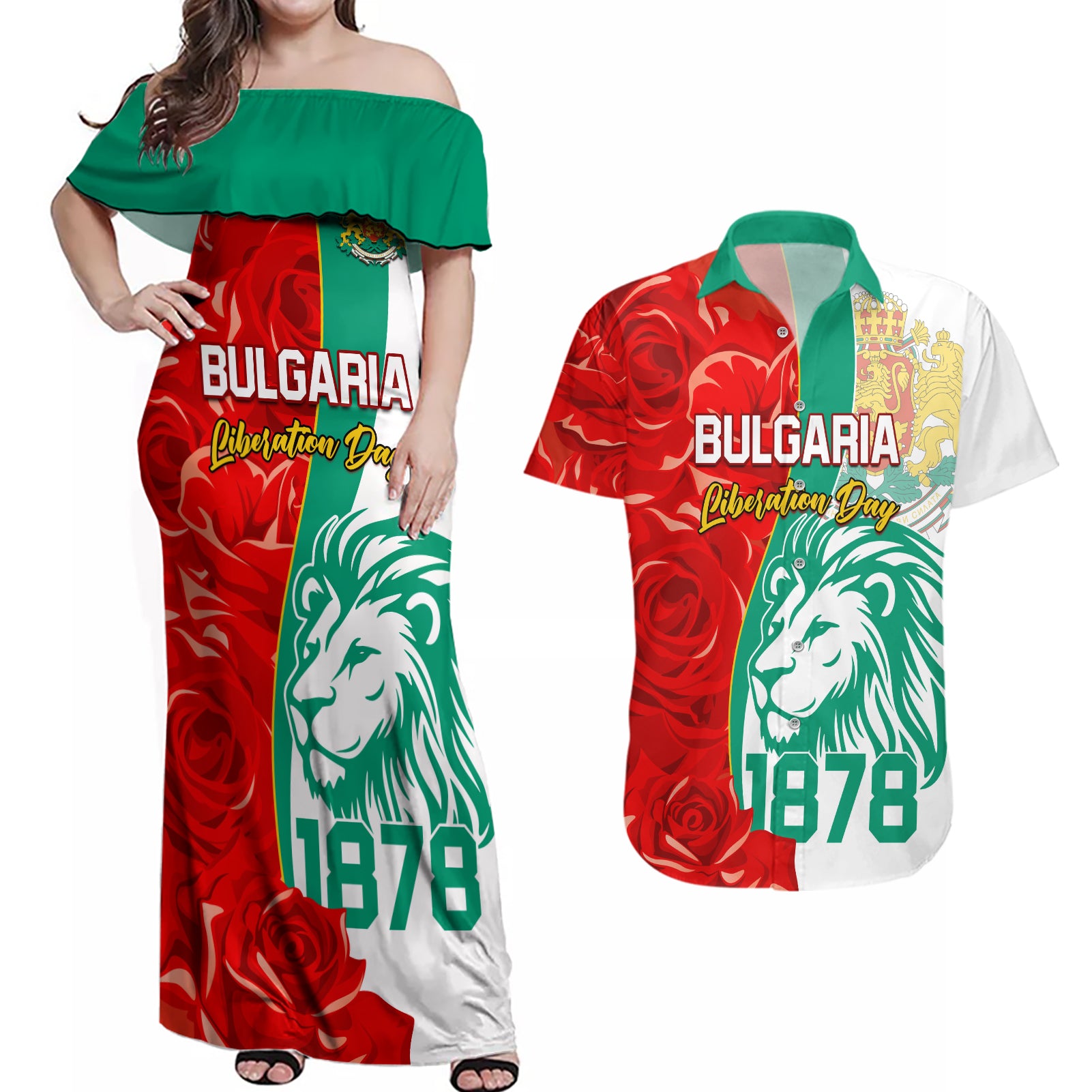 Bulgaria Liberation Day Couples Matching Off Shoulder Maxi Dress and Hawaiian Shirt Lion With Rose Flag Style