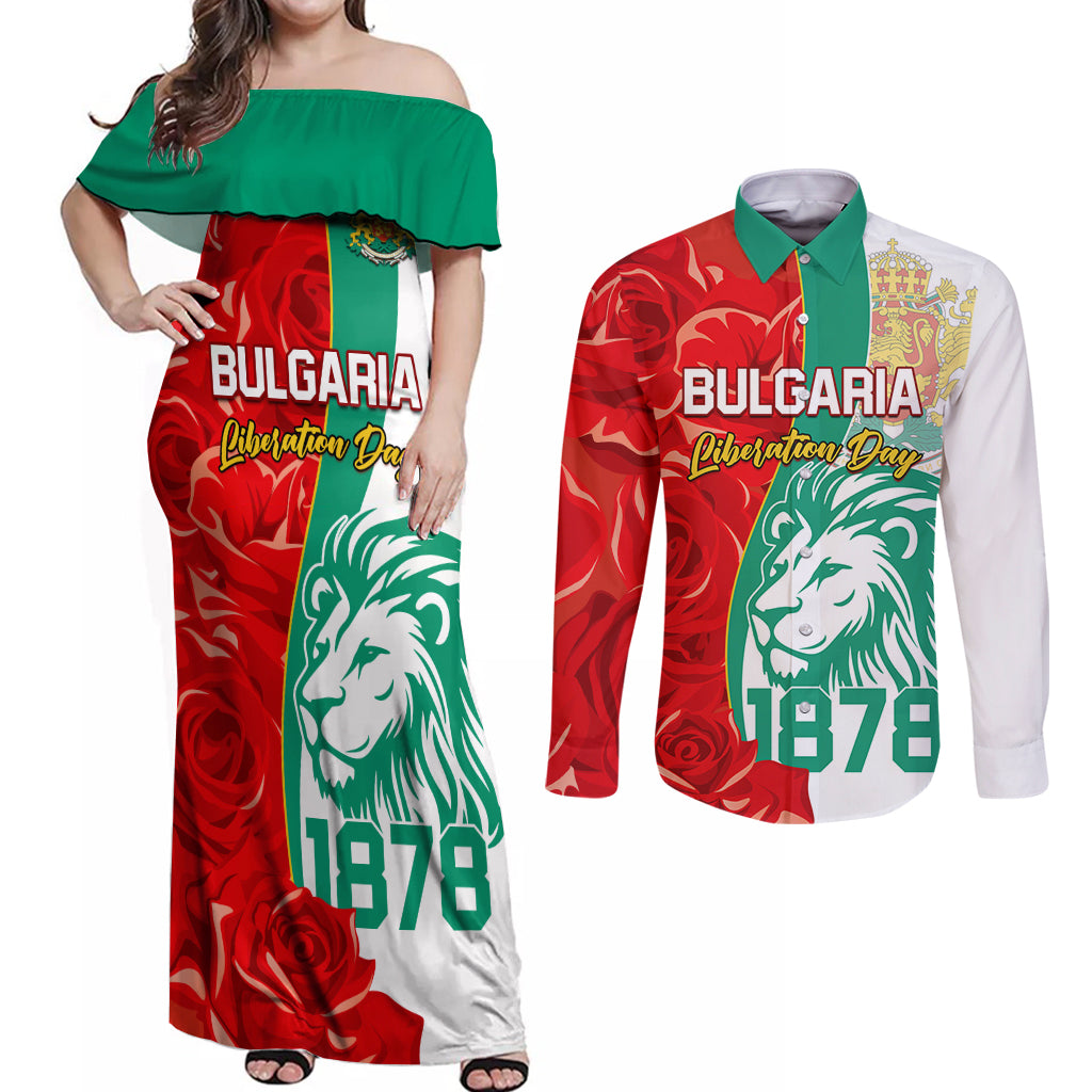 Bulgaria Liberation Day Couples Matching Off Shoulder Maxi Dress and Long Sleeve Button Shirt Lion With Rose Flag Style