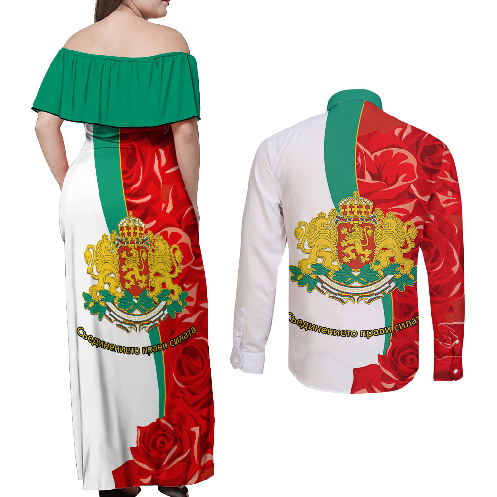 Bulgaria Liberation Day Couples Matching Off Shoulder Maxi Dress and Long Sleeve Button Shirt Lion With Rose Flag Style - Wonder Print Shop