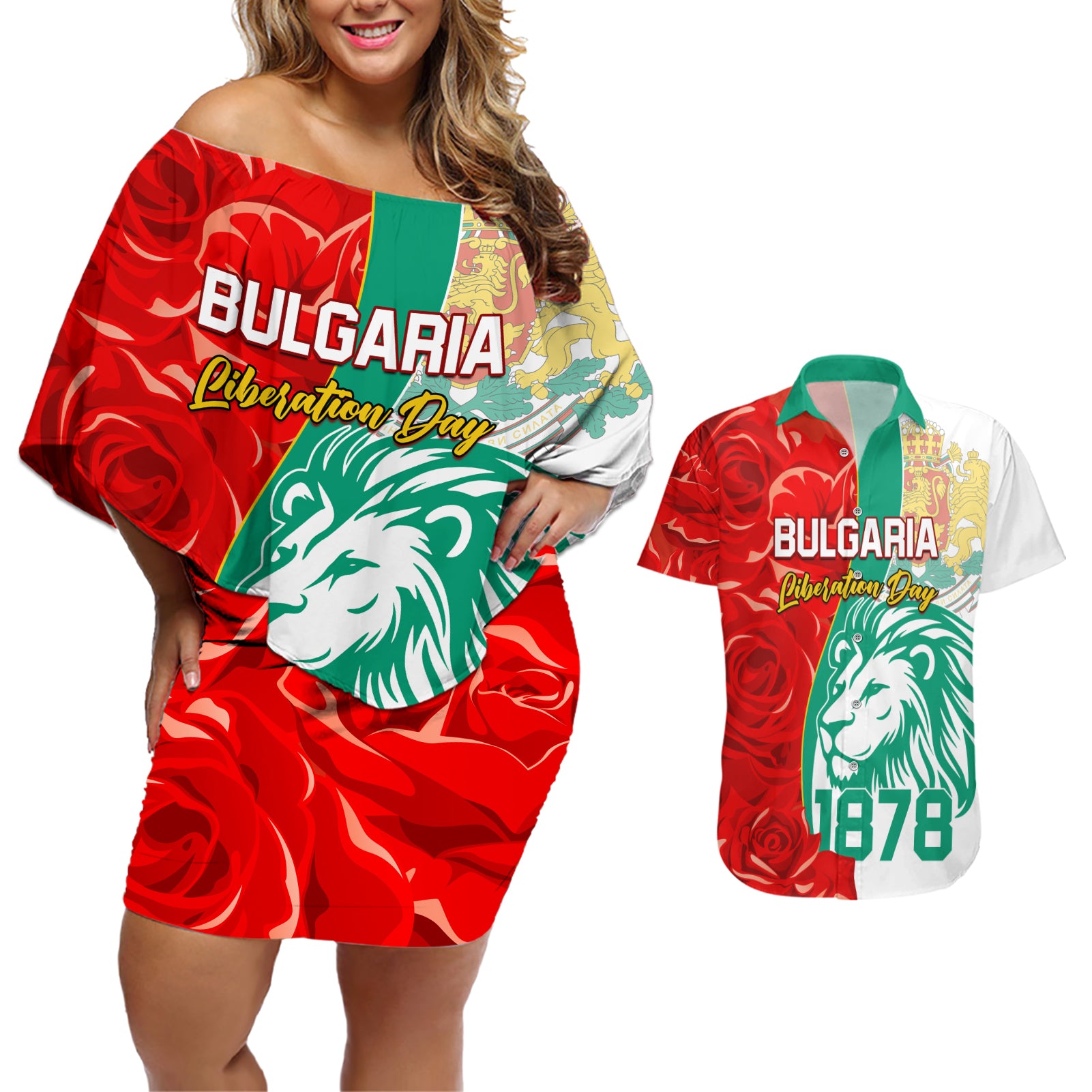 Bulgaria Liberation Day Couples Matching Off Shoulder Short Dress and Hawaiian Shirt Lion With Rose Flag Style