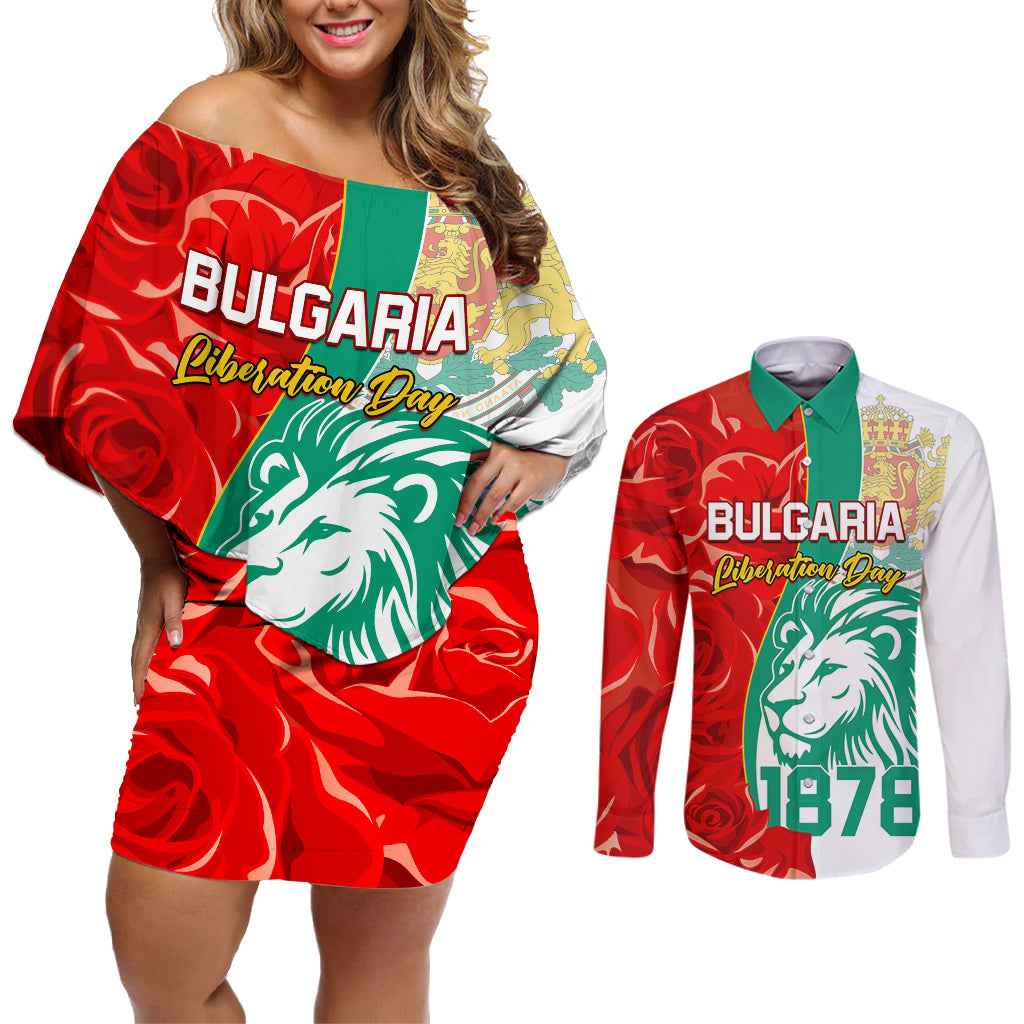 Bulgaria Liberation Day Couples Matching Off Shoulder Short Dress and Long Sleeve Button Shirt Lion With Rose Flag Style