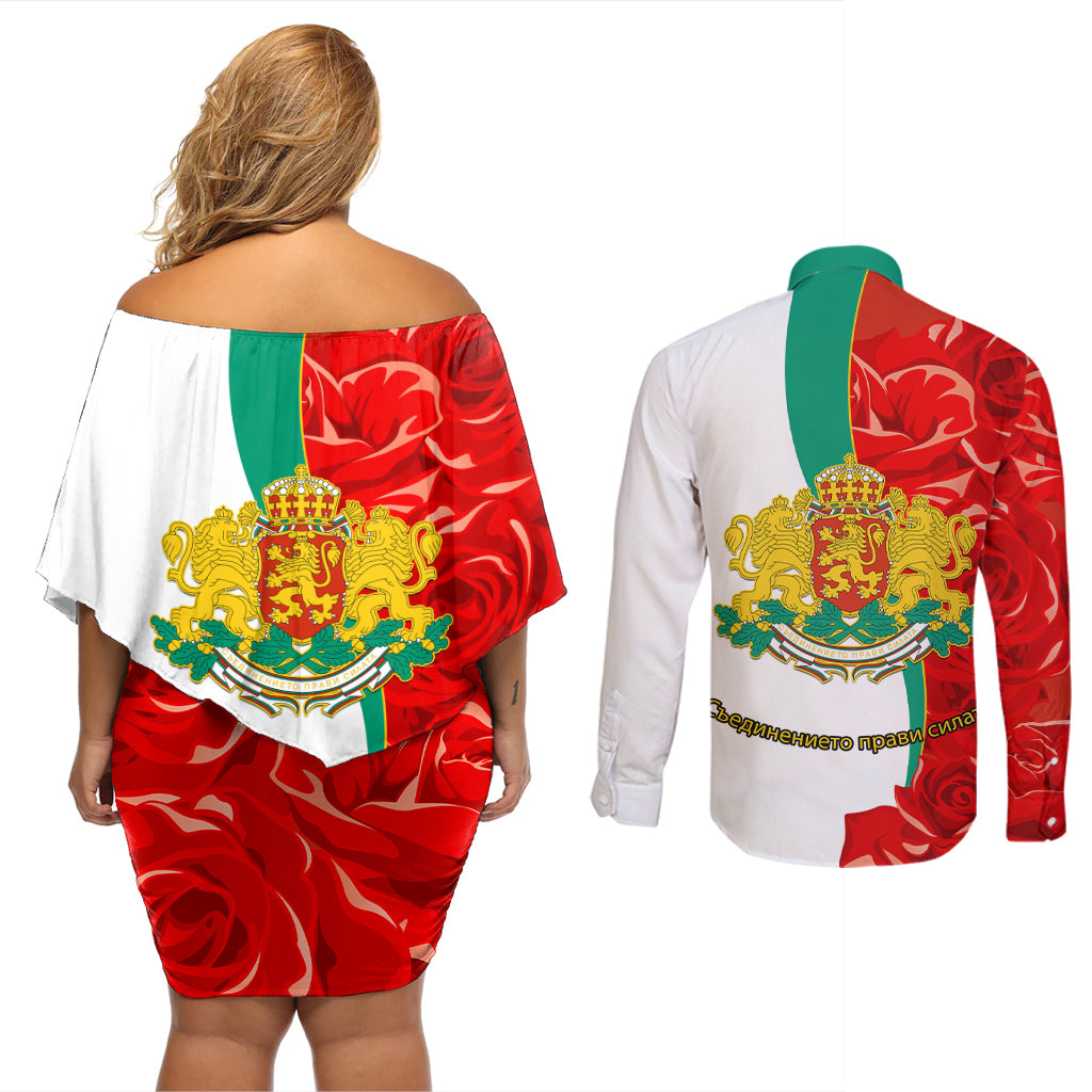 Bulgaria Liberation Day Couples Matching Off Shoulder Short Dress and Long Sleeve Button Shirt Lion With Rose Flag Style - Wonder Print Shop