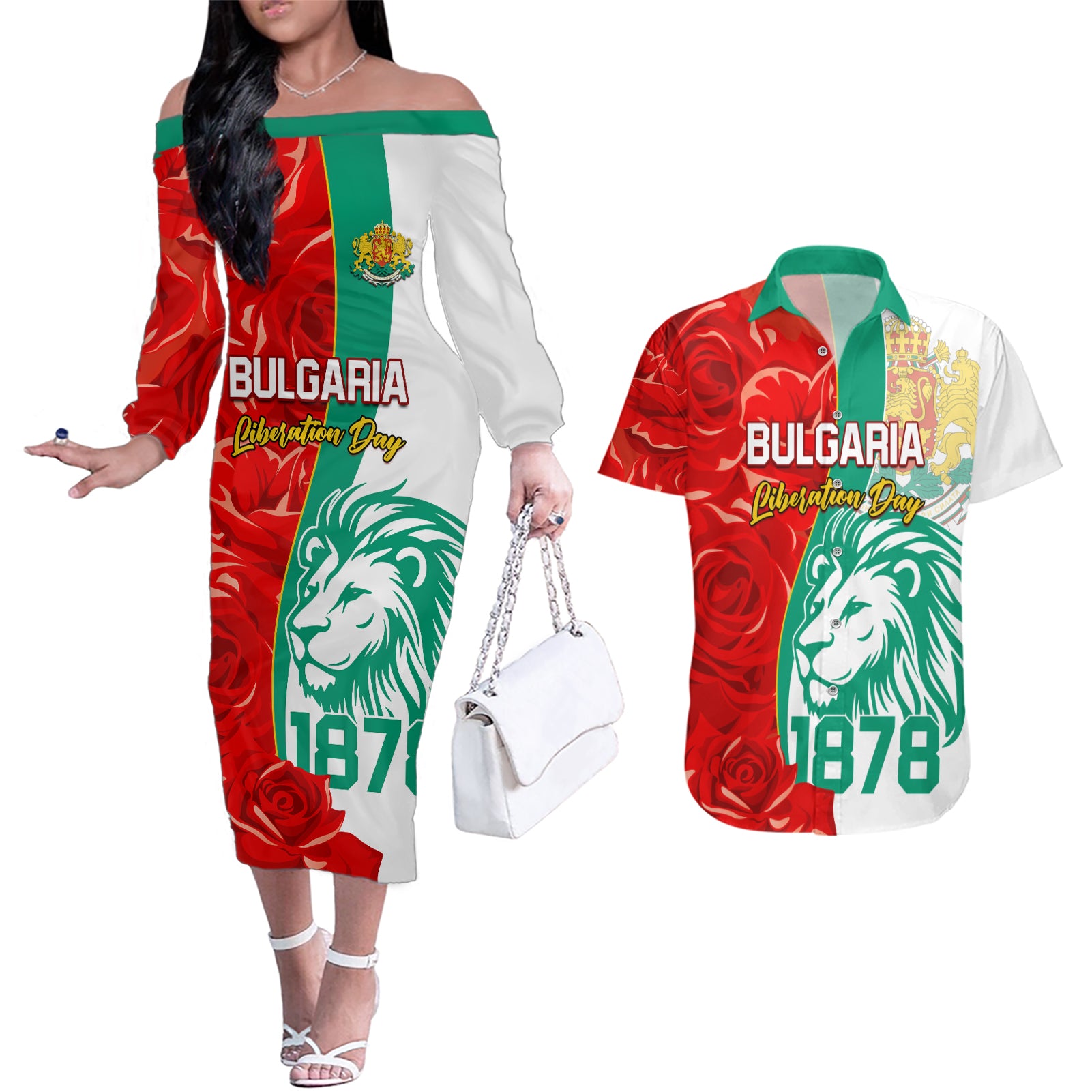 Bulgaria Liberation Day Couples Matching Off The Shoulder Long Sleeve Dress and Hawaiian Shirt Lion With Rose Flag Style