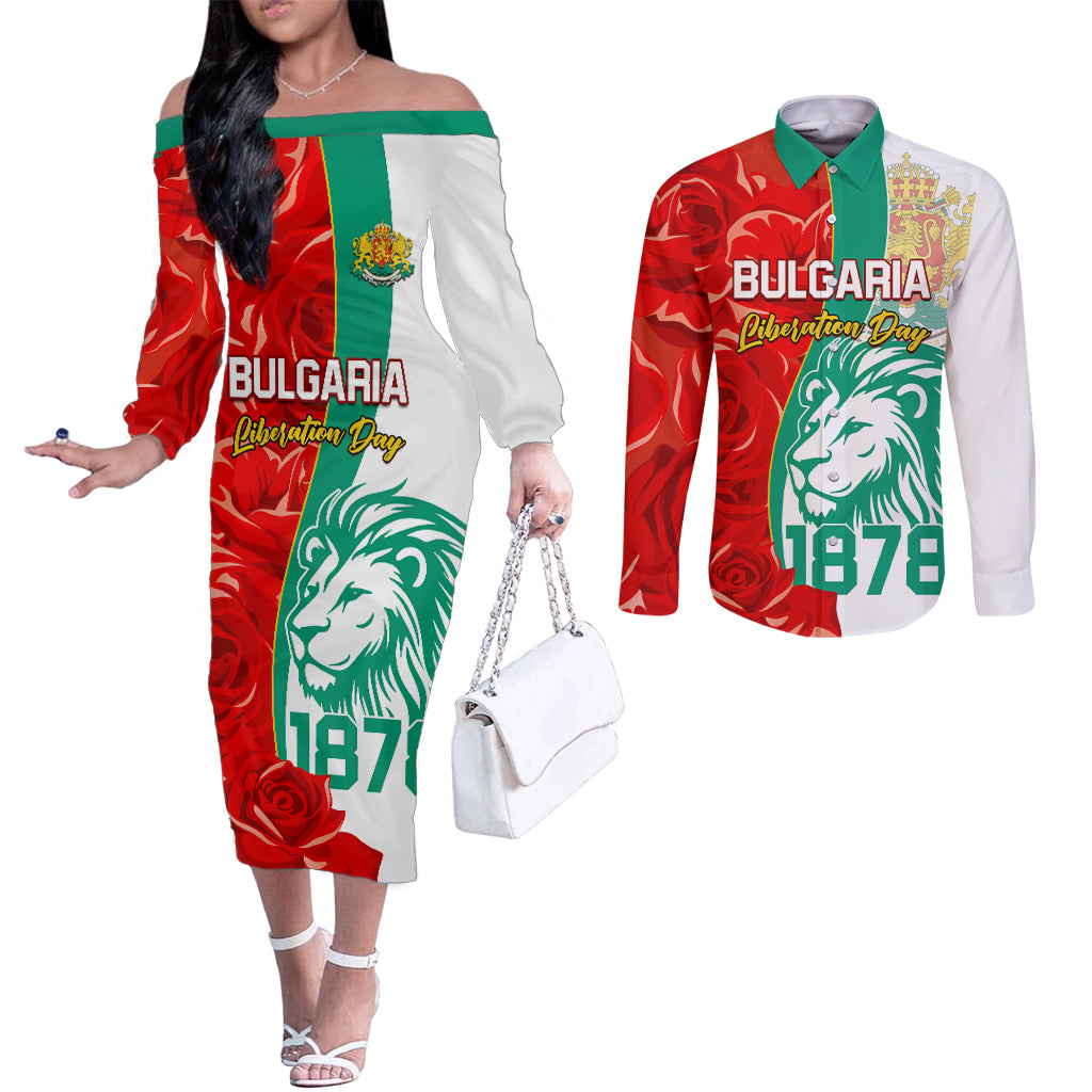 Bulgaria Liberation Day Couples Matching Off The Shoulder Long Sleeve Dress and Long Sleeve Button Shirt Lion With Rose Flag Style