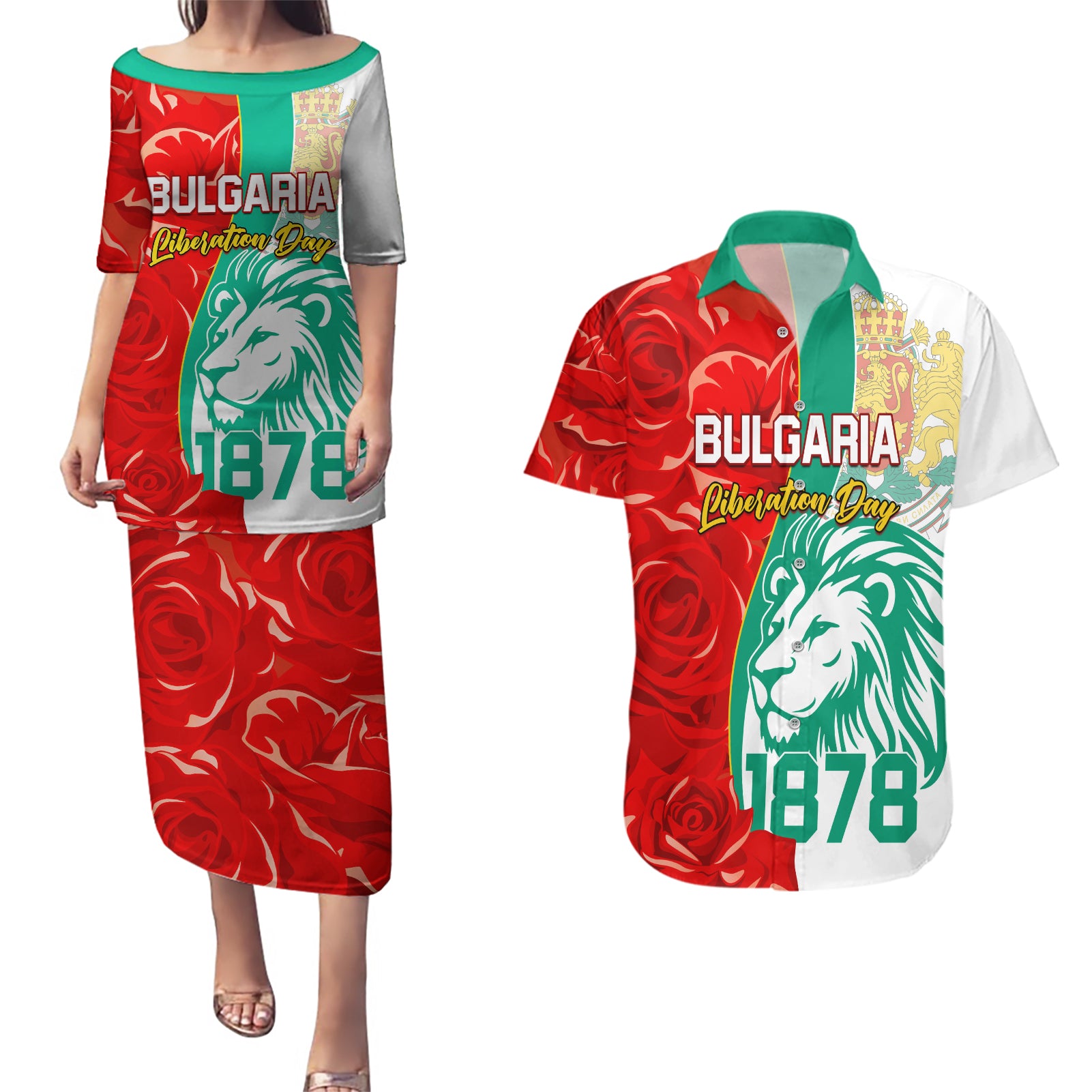Bulgaria Liberation Day Couples Matching Puletasi and Hawaiian Shirt Lion With Rose Flag Style