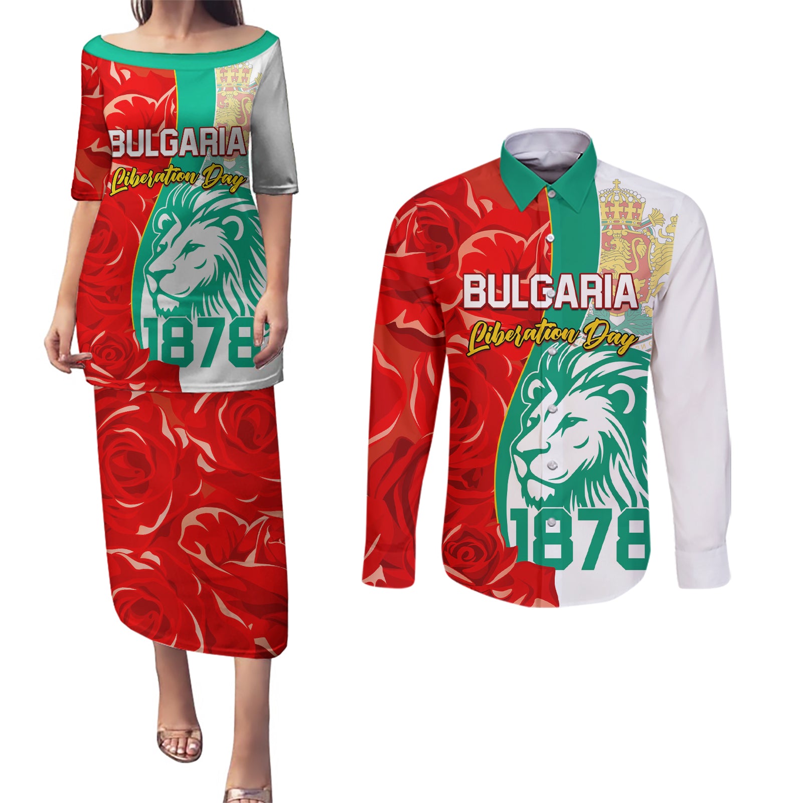 Bulgaria Liberation Day Couples Matching Puletasi and Long Sleeve Button Shirt Lion With Rose Flag Style
