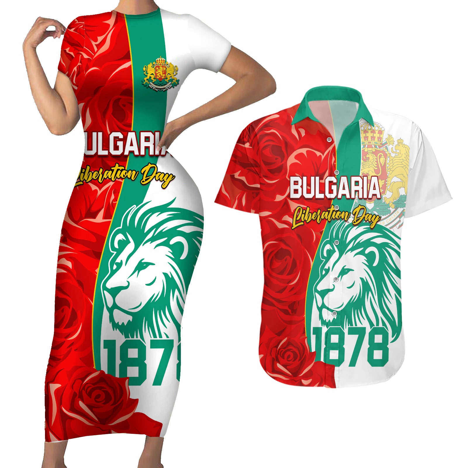 Bulgaria Liberation Day Couples Matching Short Sleeve Bodycon Dress and Hawaiian Shirt Lion With Rose Flag Style