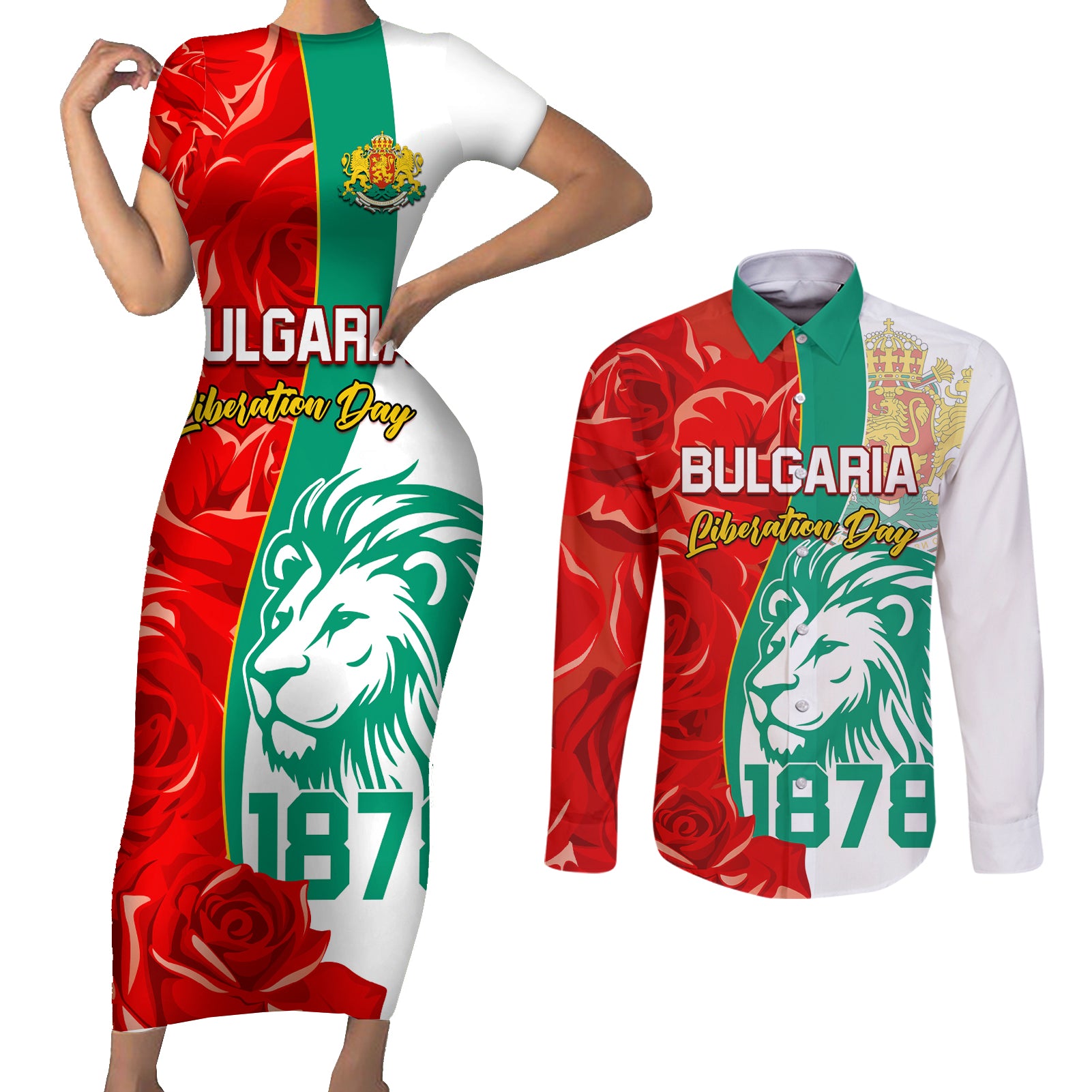 Bulgaria Liberation Day Couples Matching Short Sleeve Bodycon Dress and Long Sleeve Button Shirt Lion With Rose Flag Style