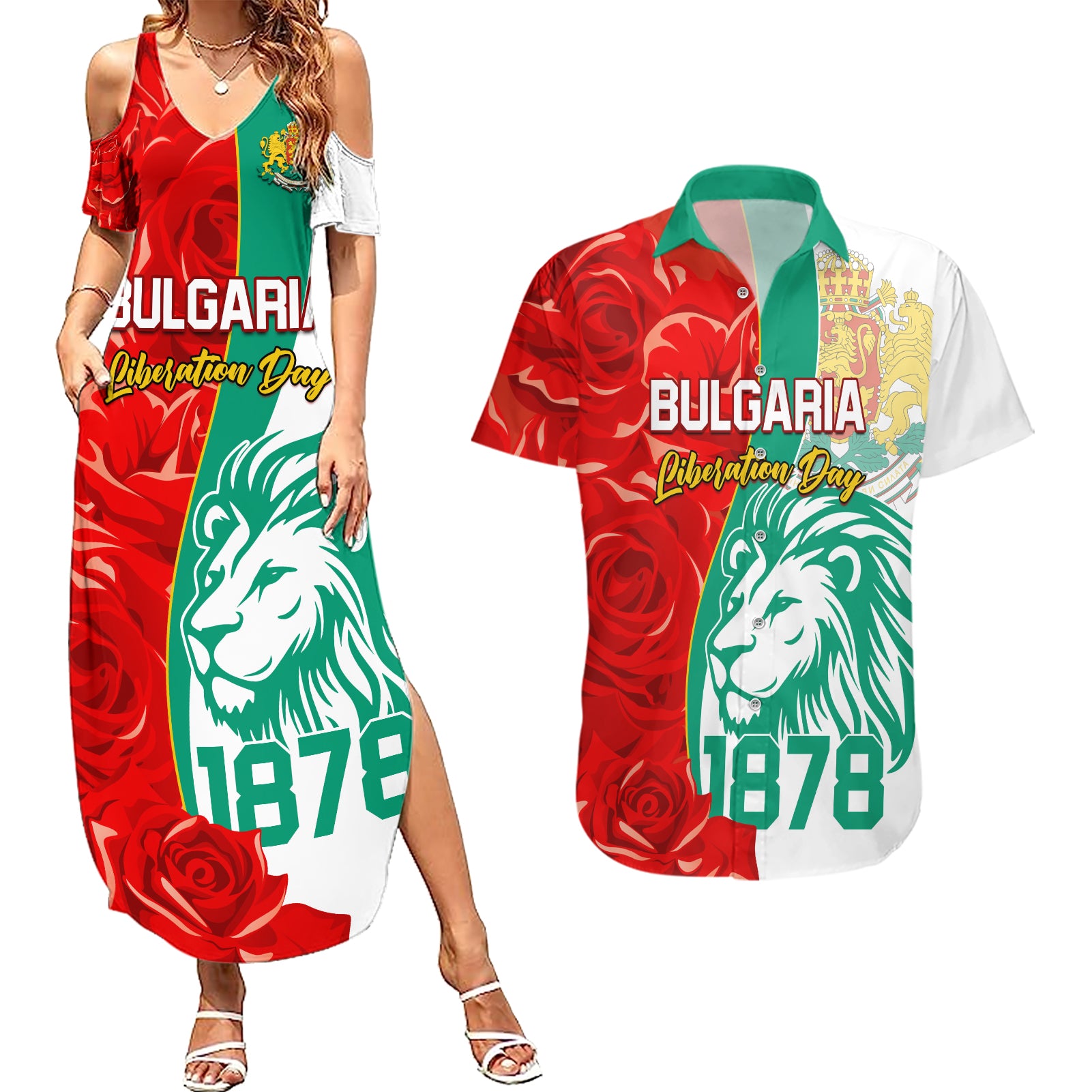 Bulgaria Liberation Day Couples Matching Summer Maxi Dress and Hawaiian Shirt Lion With Rose Flag Style