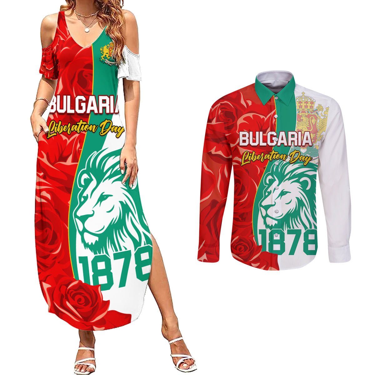 Bulgaria Liberation Day Couples Matching Summer Maxi Dress and Long Sleeve Button Shirt Lion With Rose Flag Style