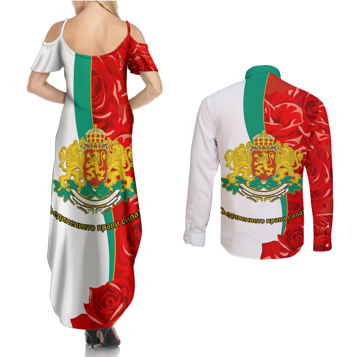 Bulgaria Liberation Day Couples Matching Summer Maxi Dress and Long Sleeve Button Shirt Lion With Rose Flag Style - Wonder Print Shop