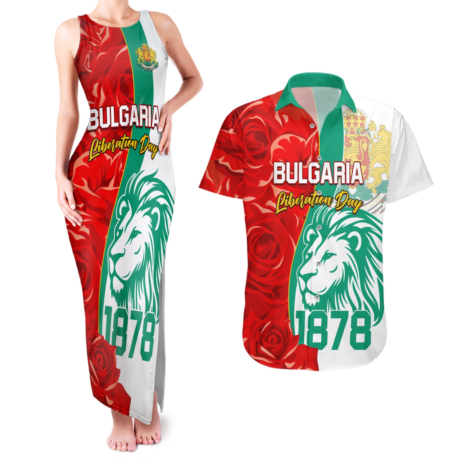 Bulgaria Liberation Day Couples Matching Tank Maxi Dress and Hawaiian Shirt Lion With Rose Flag Style