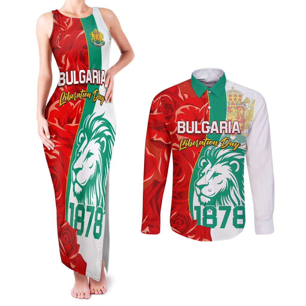 Bulgaria Liberation Day Couples Matching Tank Maxi Dress and Long Sleeve Button Shirt Lion With Rose Flag Style