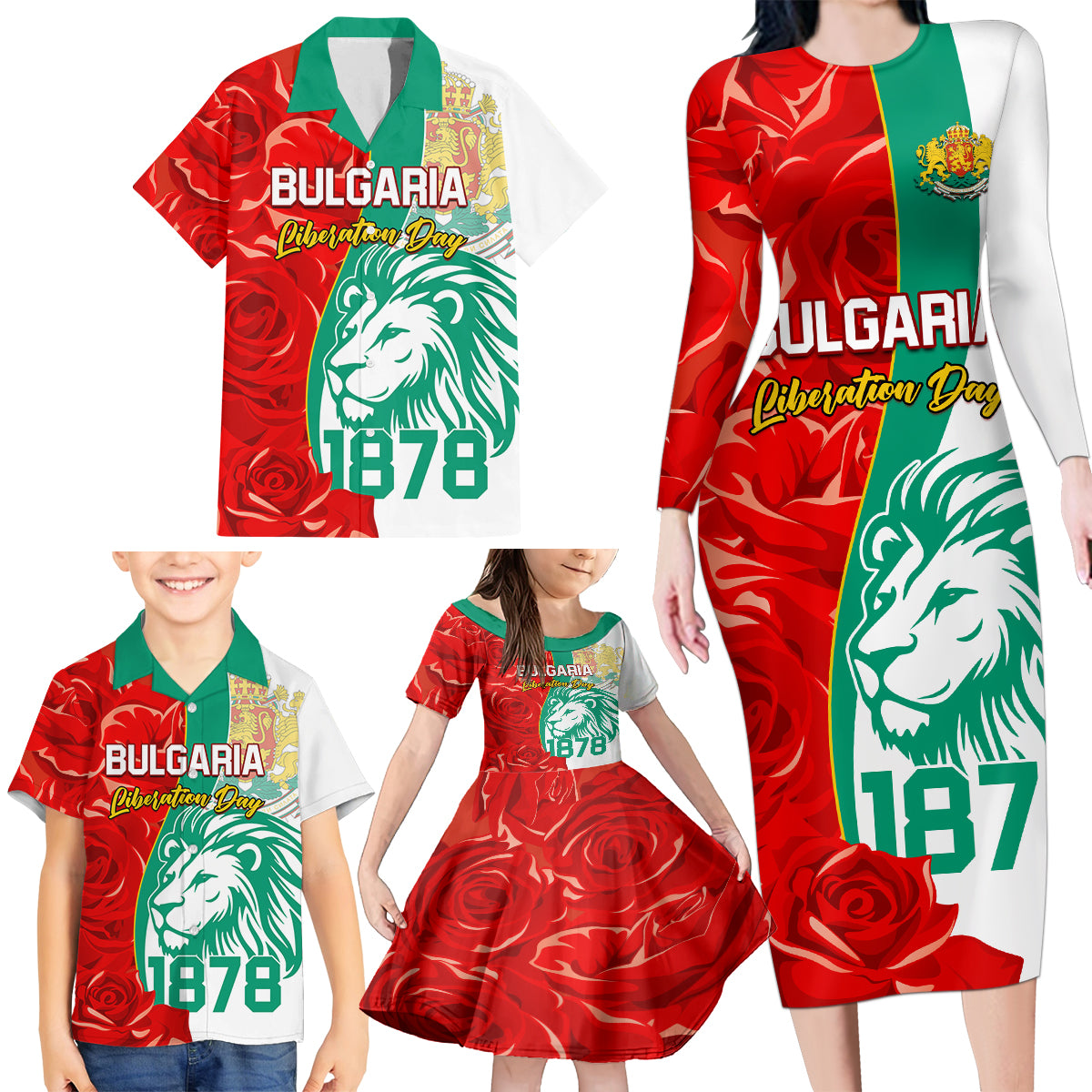 Bulgaria Liberation Day Family Matching Long Sleeve Bodycon Dress and Hawaiian Shirt Lion With Rose Flag Style