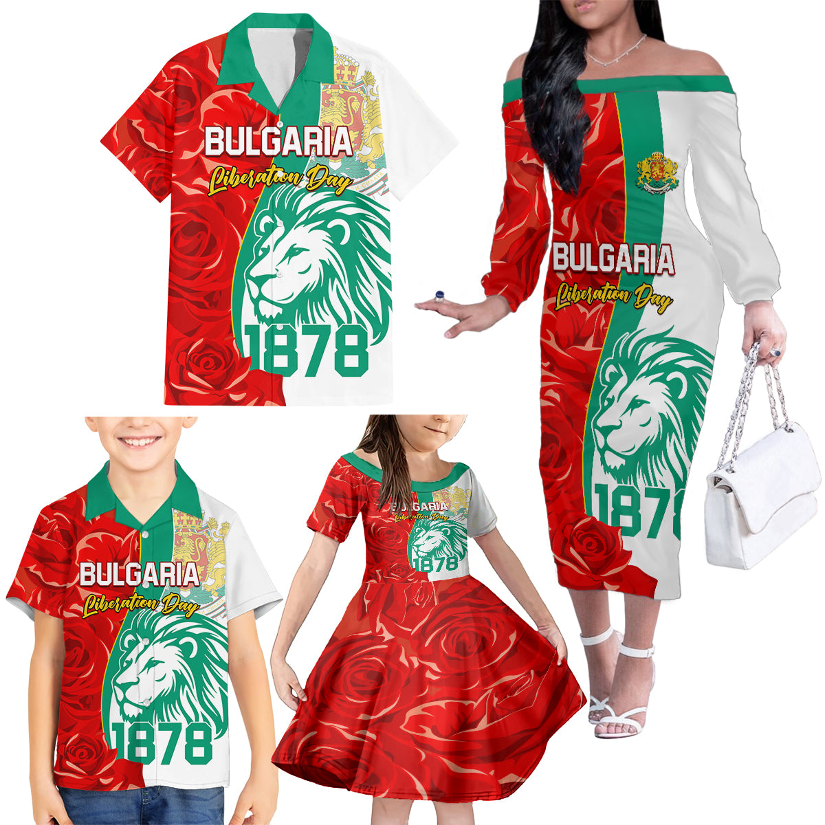 Bulgaria Liberation Day Family Matching Off Shoulder Long Sleeve Dress and Hawaiian Shirt Lion With Rose Flag Style