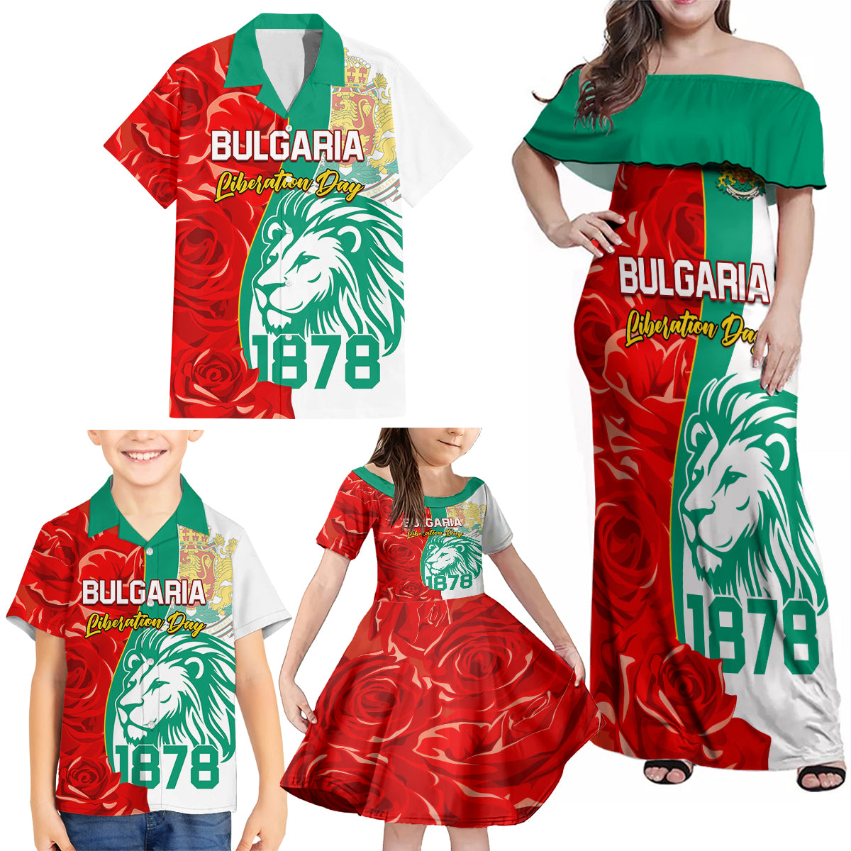 Bulgaria Liberation Day Family Matching Off Shoulder Maxi Dress and Hawaiian Shirt Lion With Rose Flag Style