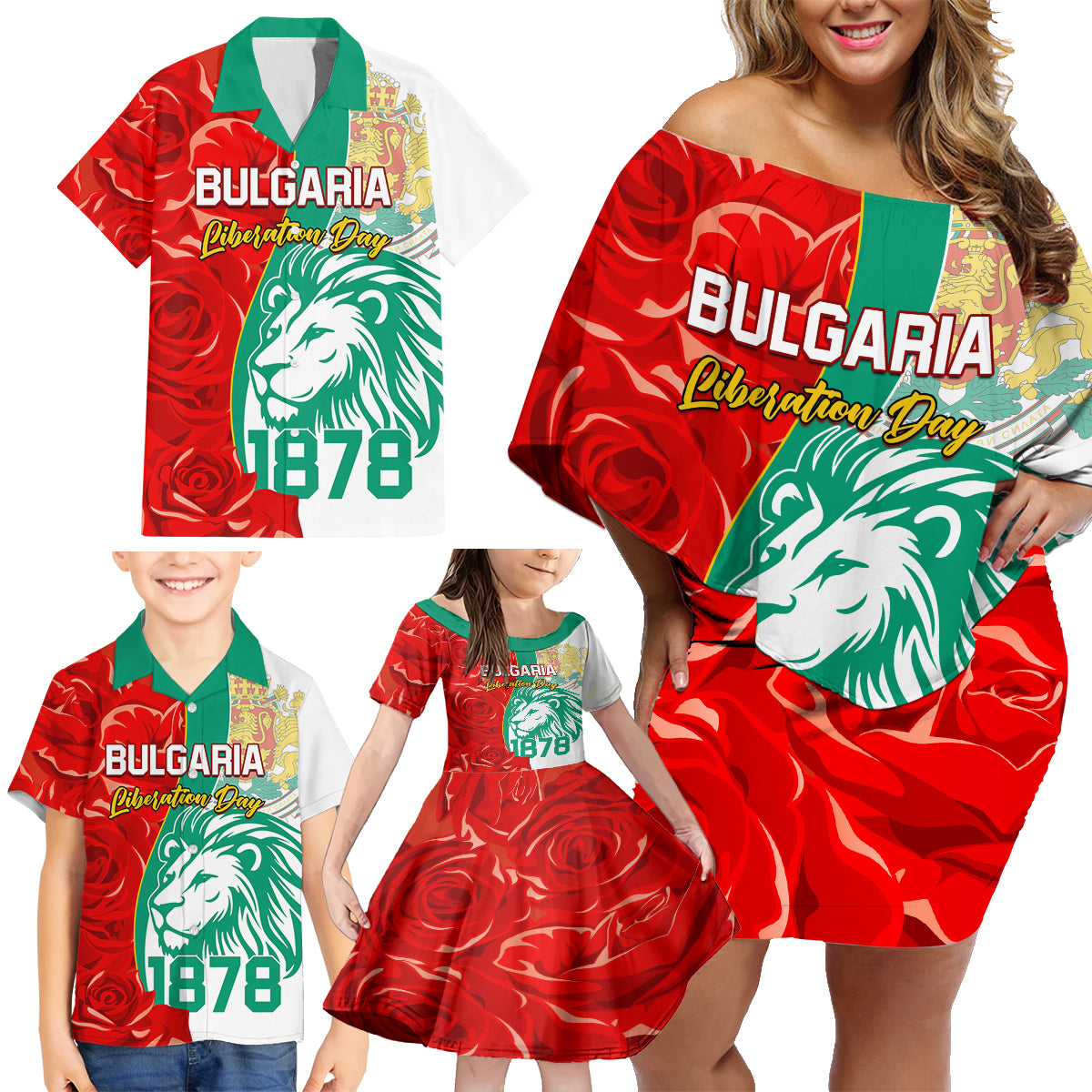 Bulgaria Liberation Day Family Matching Off Shoulder Short Dress and Hawaiian Shirt Lion With Rose Flag Style