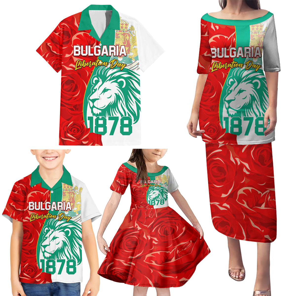 Bulgaria Liberation Day Family Matching Puletasi and Hawaiian Shirt Lion With Rose Flag Style