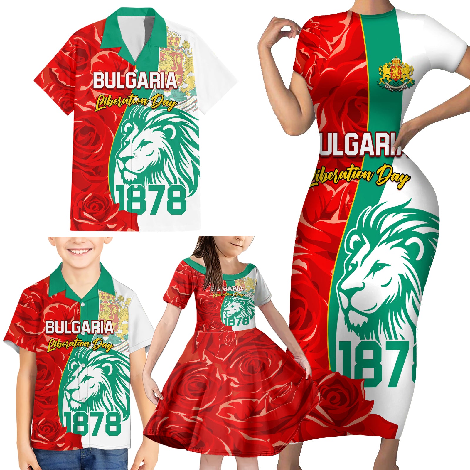 Bulgaria Liberation Day Family Matching Short Sleeve Bodycon Dress and Hawaiian Shirt Lion With Rose Flag Style
