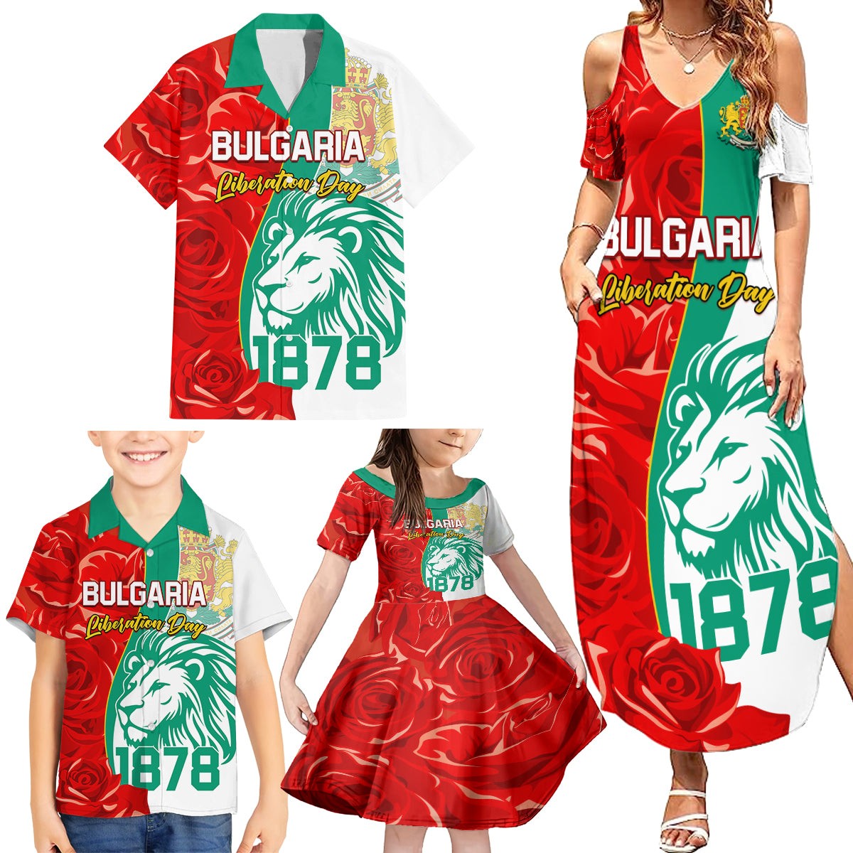 Bulgaria Liberation Day Family Matching Summer Maxi Dress and Hawaiian Shirt Lion With Rose Flag Style