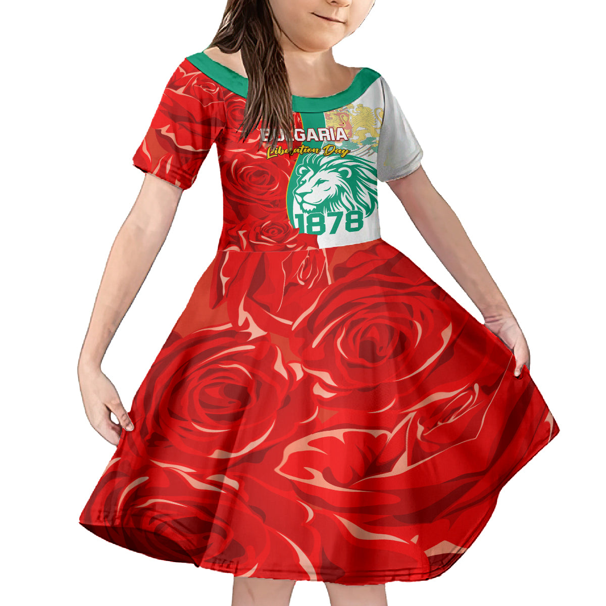 Bulgaria Liberation Day Kid Short Sleeve Dress Lion With Rose Flag Style